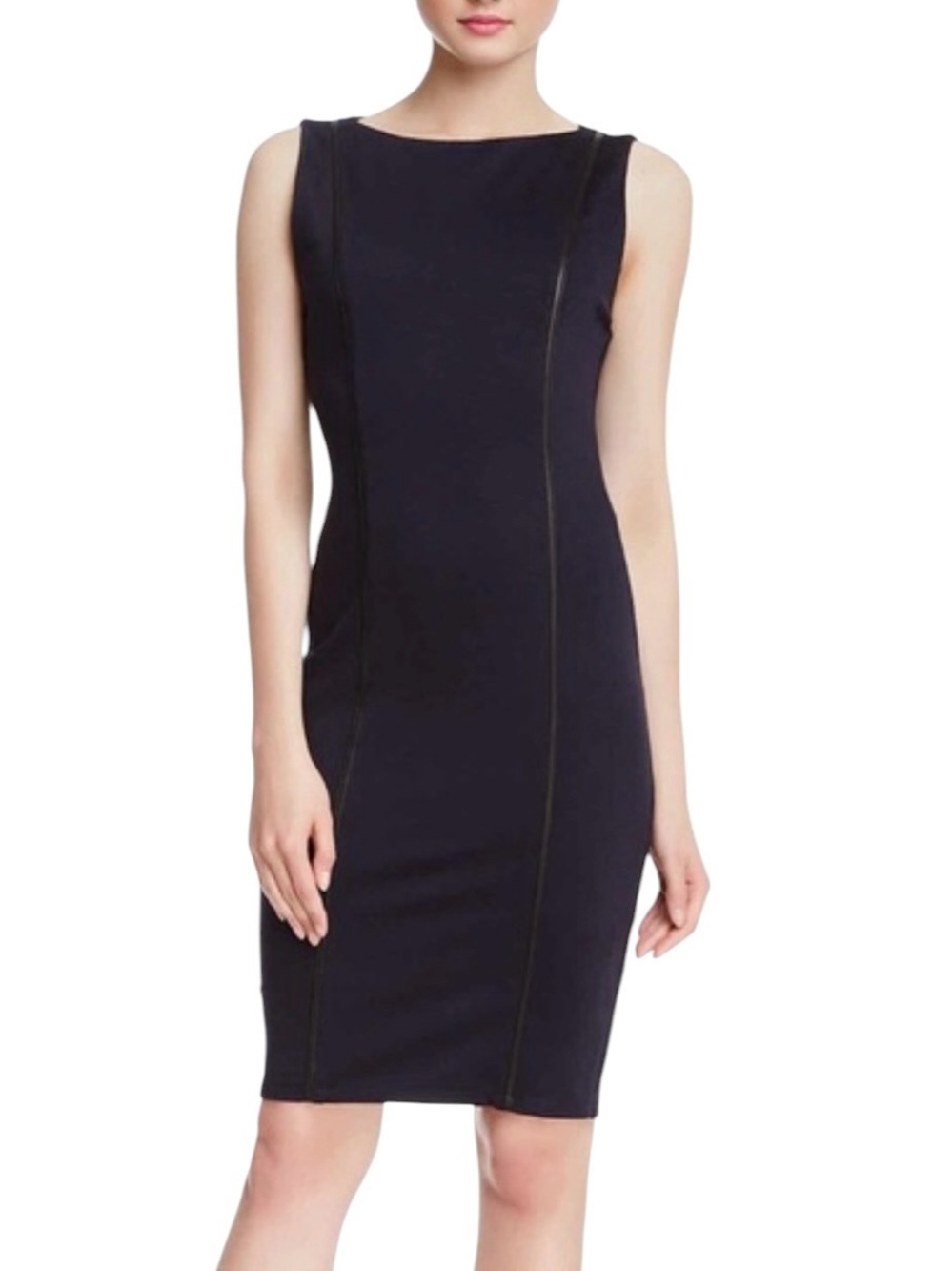 Alice + Olivia Navy Blue Sheath Dress Leather Piping XS Small Career Business